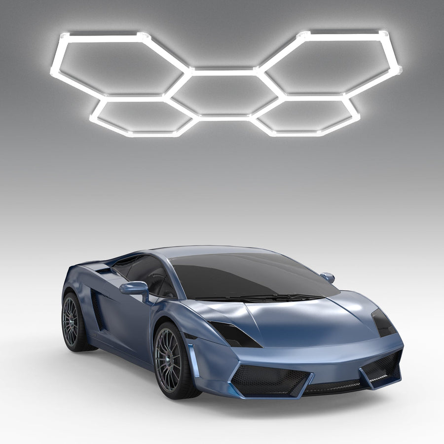 Premium 5 Grid Hexagon Garage Light - 33,600 Lumens - Premium 5 Grid Hexagon Garage Light with sports car