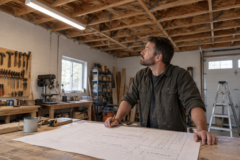 A workshop owner reviews a hand-drawn lighting layout at a workbench while looking toward one installed linear LED shop light; the rest of the ceiling remains open for planning.