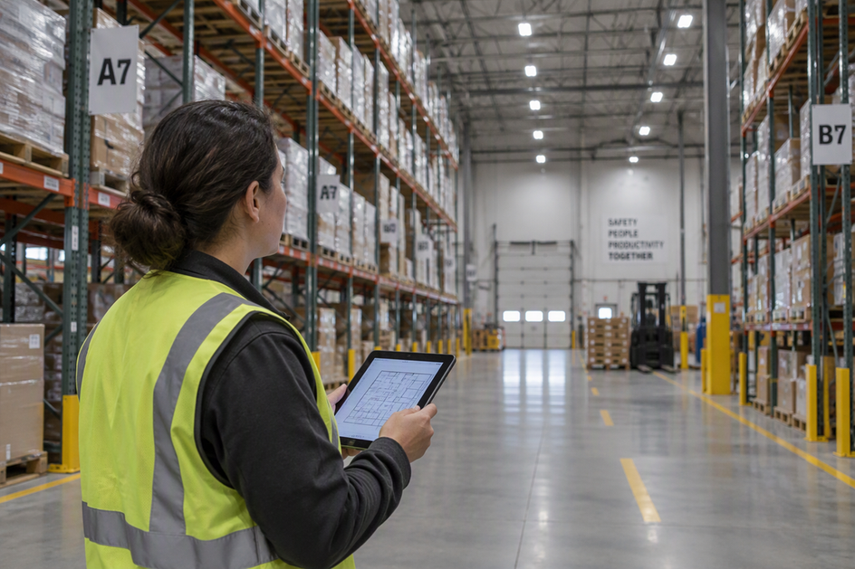 Facility staff member checks a tablet beneath installed high-bay lights during a warehouse walk-through.