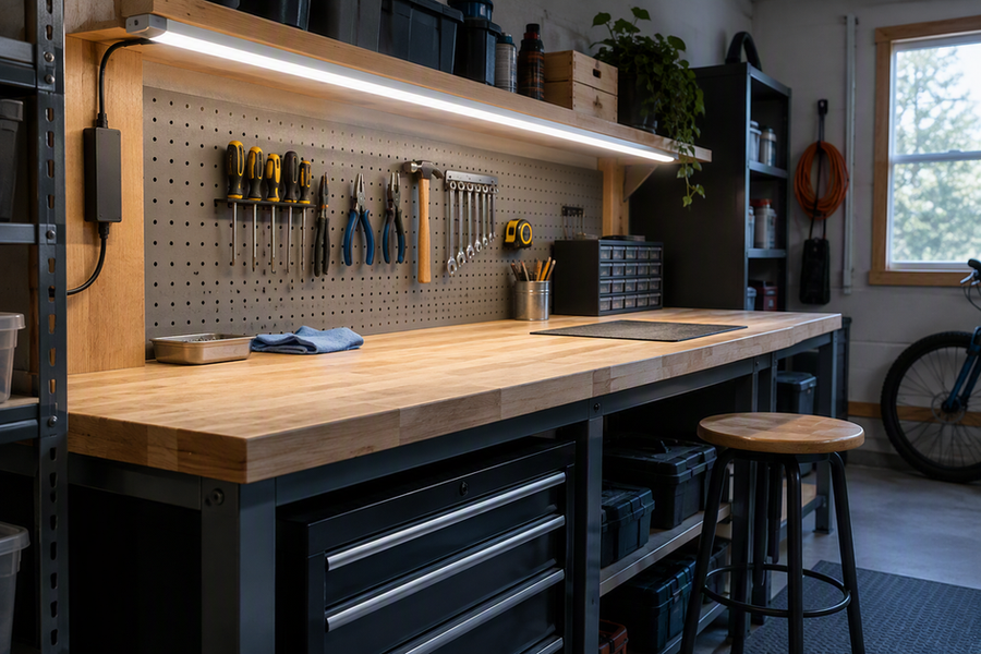LED strip lighting mounted beneath a garage workbench shelf, illuminating the work surface while the channel and diffuser remain visible