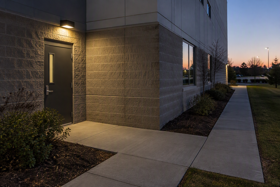 A commercial building exit and nearby wall light beside a sidewalk that turns around the building corner and continues out of view.