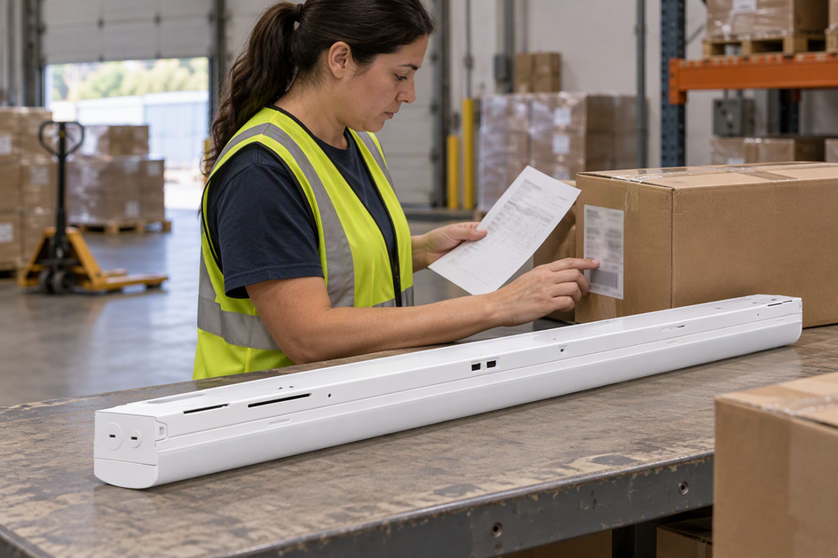 A commercial lighting fixture is checked against receiving paperwork before it is assigned to a zone.