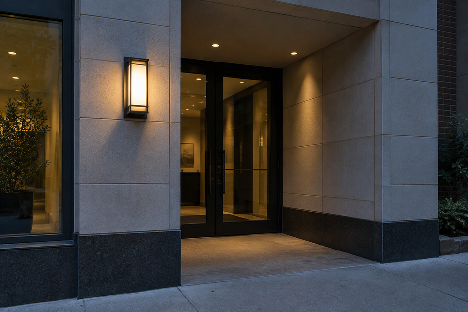 A commercial building entrance recessed behind the main facade, with a single exterior wall-pack fixture mounted beside the opening at dusk.
