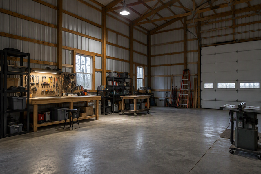A high-ceiling home workshop with a workbench, storage, and one high-bay light mounted above part of the floor.