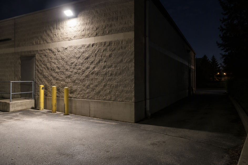 At night, a commercial building corner has a wall-mounted floodlight illuminating the nearby facade and pavement while the path beyond the turn remains in shadow.