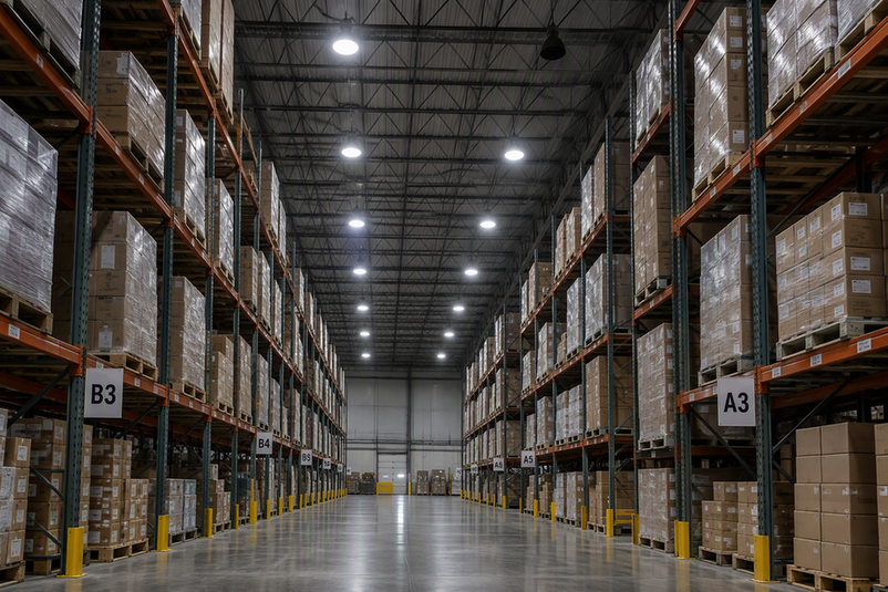 Warehouse lighting row with one dark fixture among illuminated high-bay lights.