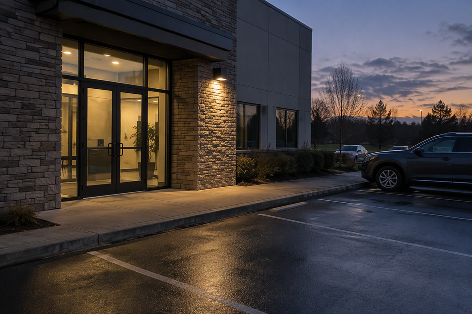Commercial building entrance with an exterior wall light and adjacent parking area at dusk