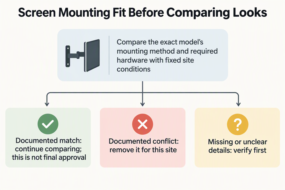 Decision flow for comparing a commercial light’s exact-model mounting documents with fixed site conditions, with branches to continue comparing, remove after a documented conflict, or verify missing details.
