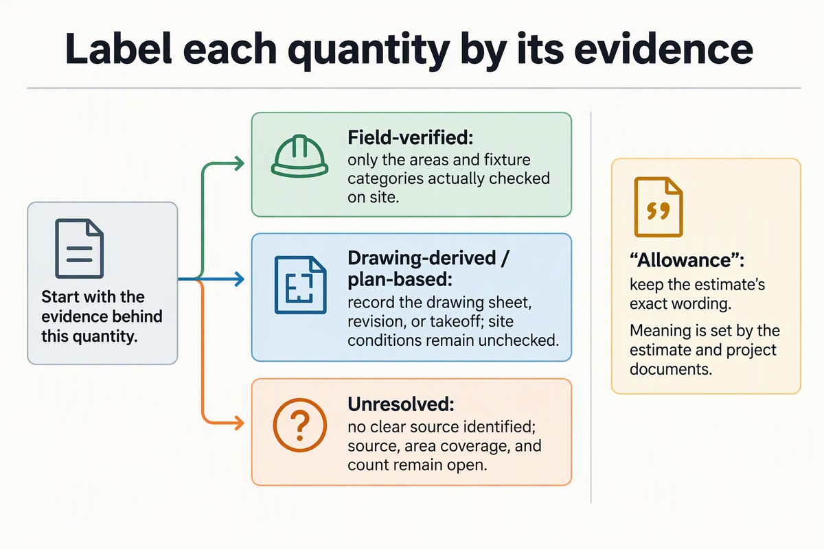 Decision diagram showing how to label a commercial lighting estimate quantity as field-verified, drawing-derived or plan-based, or unresolved, with a separate note to preserve the estimate’s exact use of “allowance.”