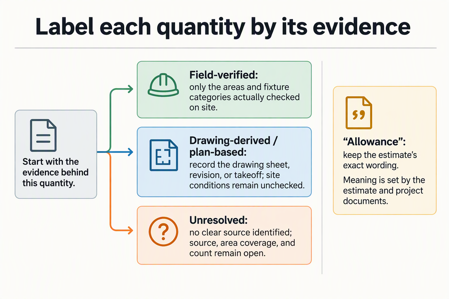 Decision diagram showing how to label a commercial lighting estimate quantity as field-verified, drawing-derived or plan-based, or unresolved, with a separate note to preserve the estimate’s exact use of “allowance.”