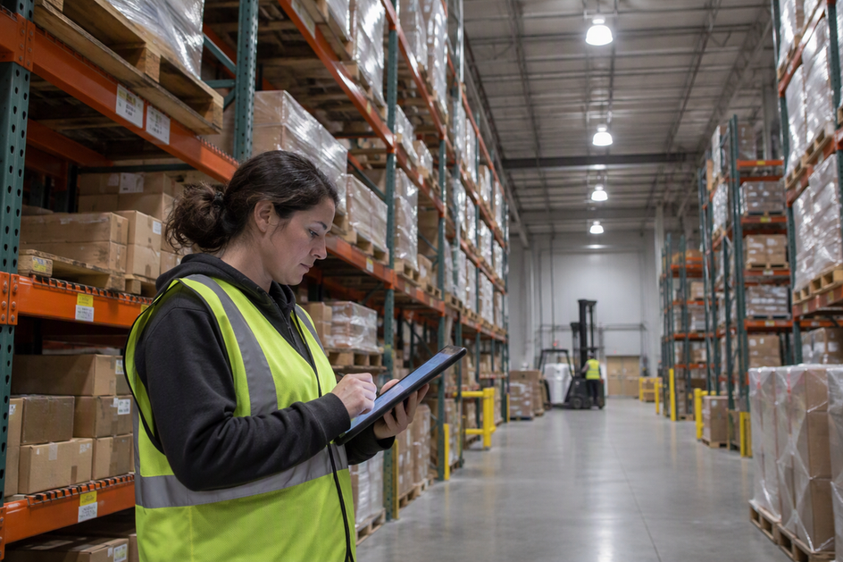 A field coordinator records a warehouse lighting observation on a tablet beneath installed high-bay fixtures.