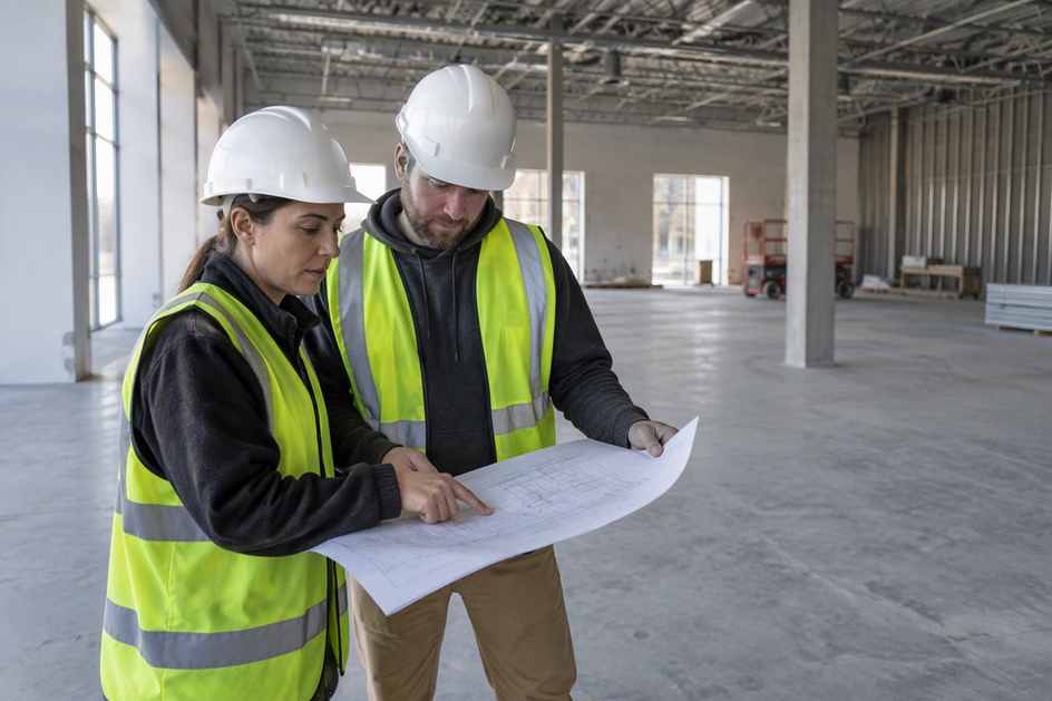 Project staff review a preliminary plan in a mostly empty commercial bay before major equipment is installed.