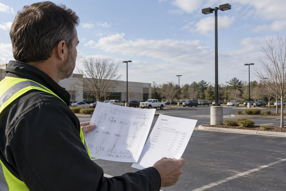 A facilities manager reviews lighting quote papers beside existing light poles in a commercial parking lot.