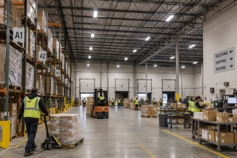 Wide view of a working commercial warehouse with overhead lighting and distinct warehouse and office areas.