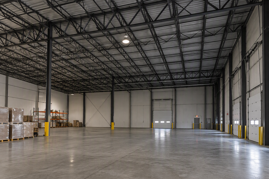 A wide view across a commercial warehouse bay, showing its long floor area, rack rows, overhead structure, and one high-bay fixture in context.