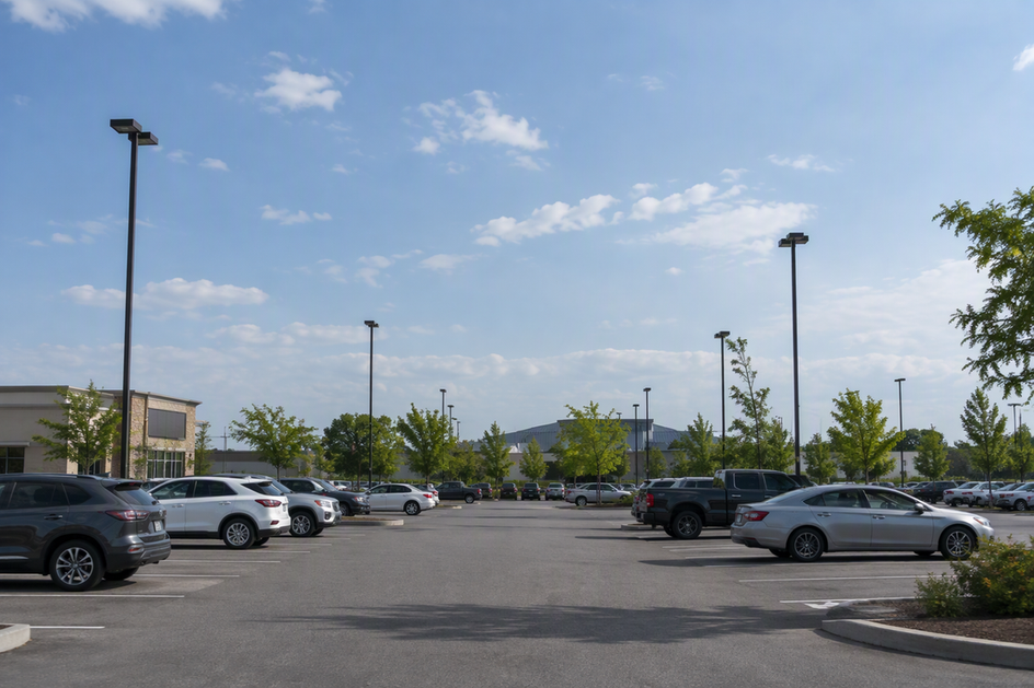 An existing commercial parking lot with lighting poles of visibly different heights beside open pavement and a tree line.