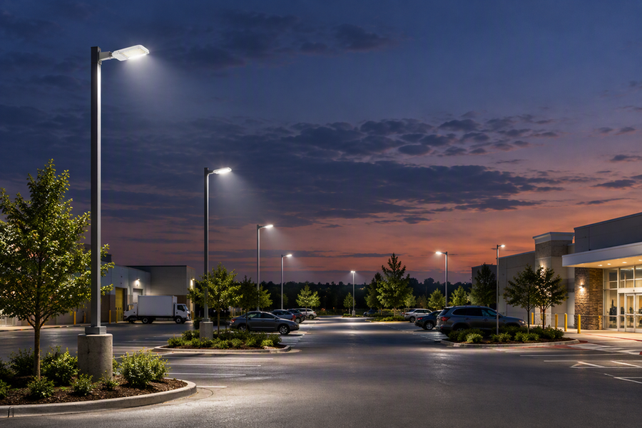 Commercial parking lot illuminated by pole-mounted area lighting across parking spaces, entry lanes, and a service area at dusk.