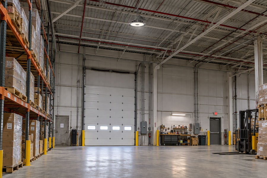 Commercial service bay with a tall overhead door, nearby work area, approach route, and one high-bay light near the ceiling.