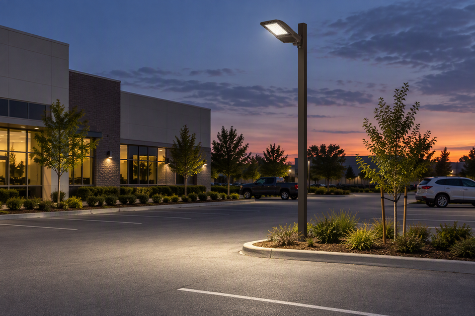A commercial parking lot at dusk, with one pole-mounted LED area light and a newly planted landscape island nearby.