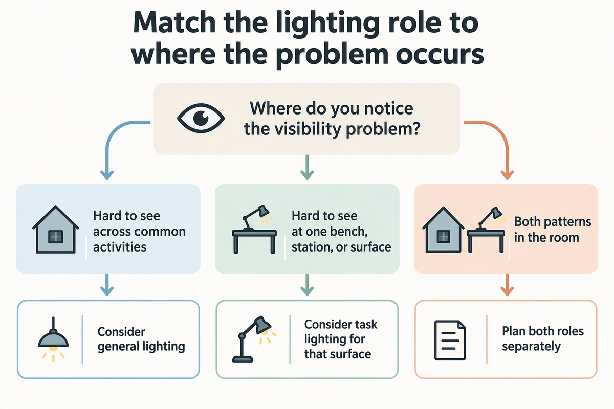 Three-way decision diagram: room-wide visibility problems point to general lighting, problems at one surface point to task lighting, and both patterns call for planning both roles separately.
