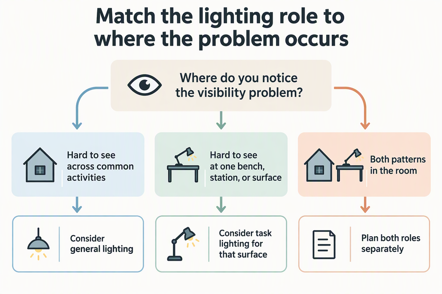 Three-way decision diagram: room-wide visibility problems point to general lighting, problems at one surface point to task lighting, and both patterns call for planning both roles separately.