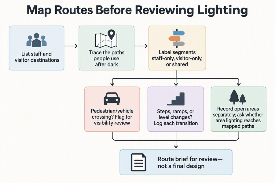 Planning diagram showing how to map staff and visitor routes, flag crossings and grade changes, and keep open-area coverage as a separate review question.