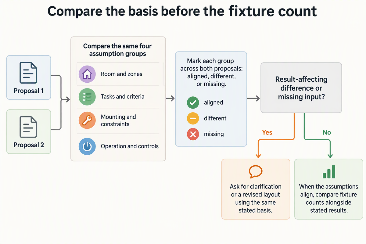Decision diagram for comparing two commercial lighting proposals: align the room, task, mounting, and operating assumptions; mark each aligned, different, or missing; resolve result-affecting gaps before comparing fixture counts.