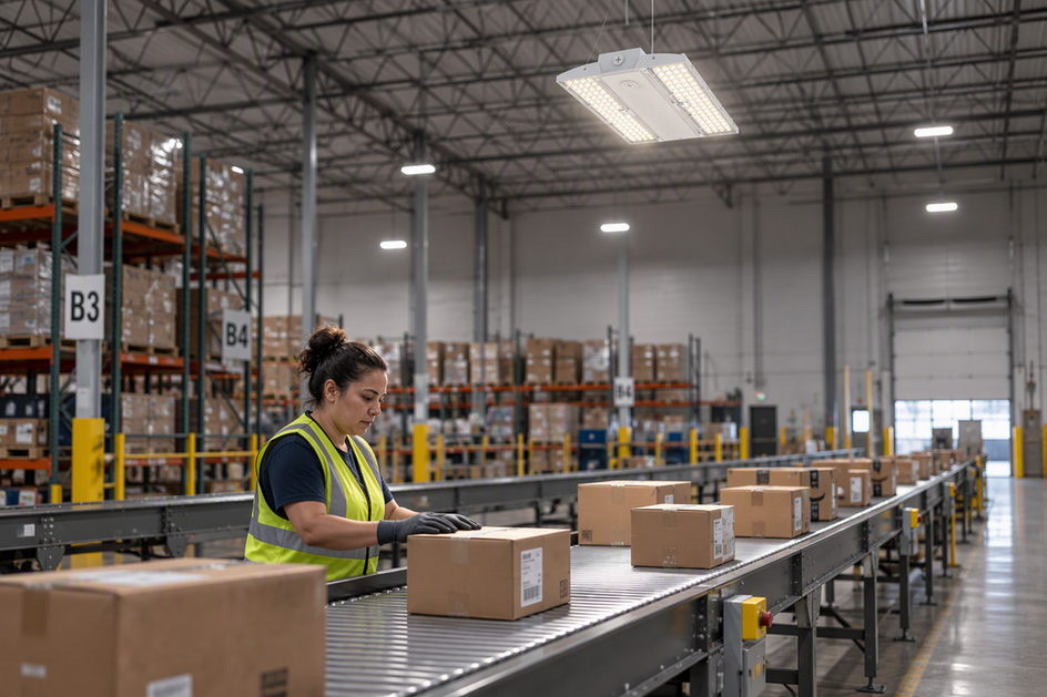 A worker sorts packages along a warehouse conveyor beneath a white LHBE Series linear high-bay light.