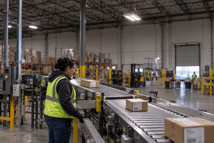 Warehouse operator monitoring a conveyor merge, with a high-bay fixture visible overhead.