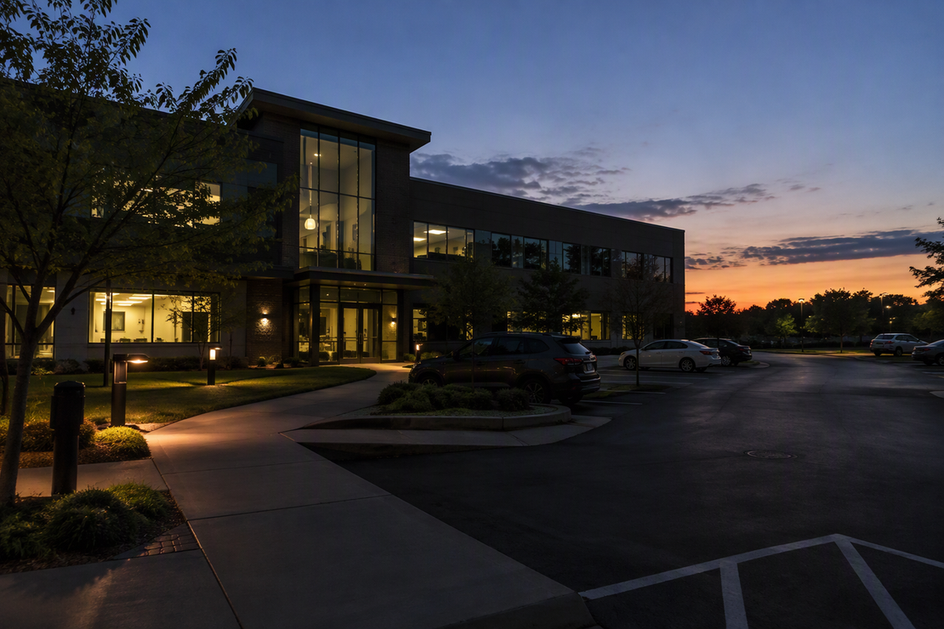 Documentary view of a commercial building perimeter at dusk, showing a parking aisle, sidewalk, and areas with differing levels of existing light.