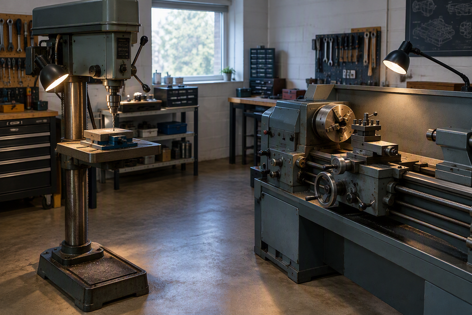 Small machine shop with a drill press and lathe illuminated at their cutting areas from different offset directions, showing how cross-angle lighting reduces spindle and chuck shadows.