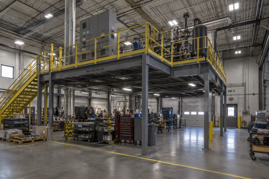 Wide view of an industrial bay with a raised equipment platform, its deck and supporting structure visible above the lower work area, and ceiling-mounted high-bay lights.
