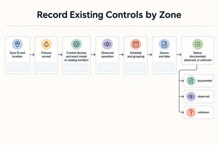 Zone-by-zone commercial lighting controls record showing fields for location, fixtures, control devices, observed operation, schedule, source, and status.