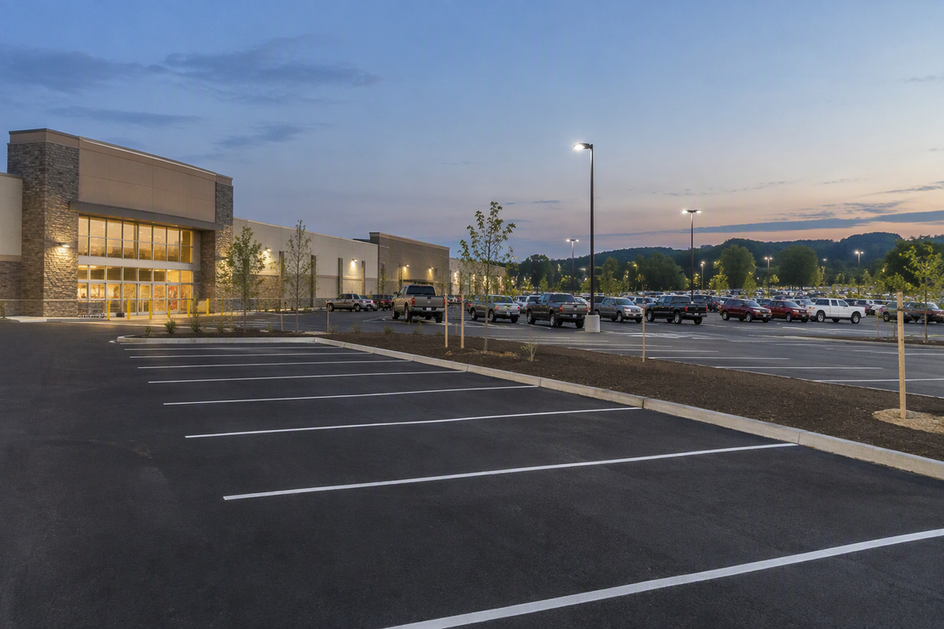 Commercial parking lot with area-light poles and a visibly extended parking footprint at the site edge.