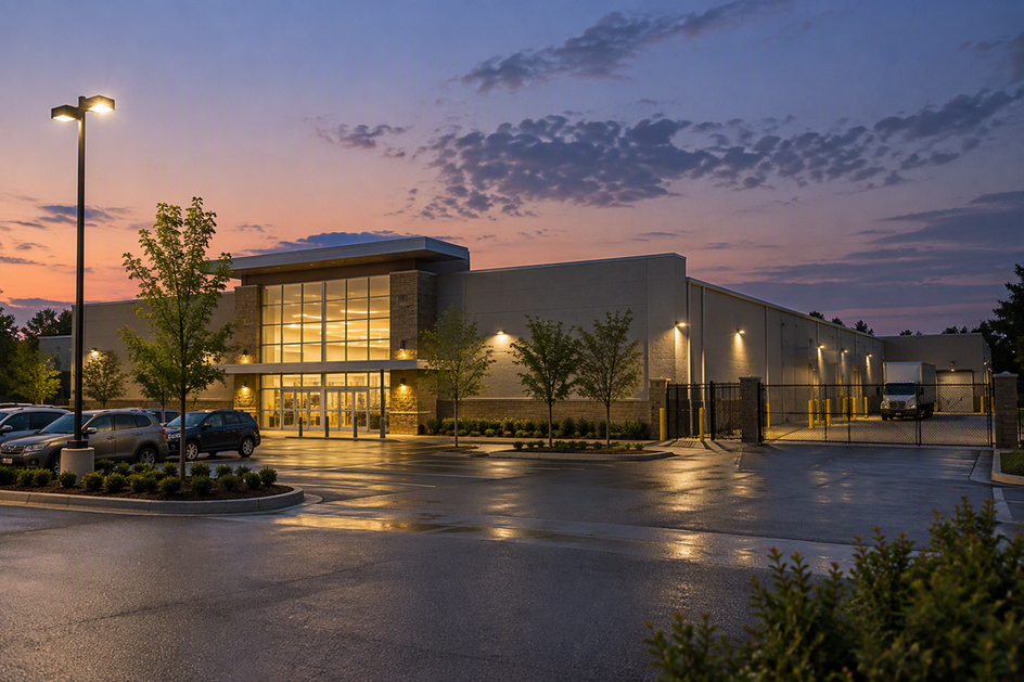 A retail property at dusk with its customer entrance and parking area beside a separate service yard, shown under natural-looking exterior lighting.