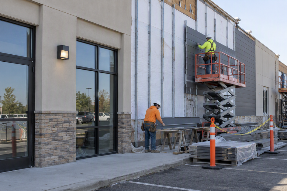 A commercial facade renovation underway, with one exterior wall light still mounted on an intact section beside a separate area of cladding work.