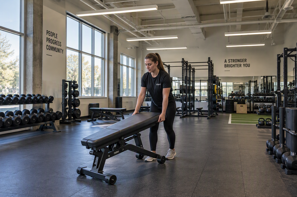 A staff member repositions a workout bench beneath fixed ceiling-mounted lights in a commercial fitness space.