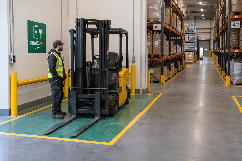 A worker stands beside a parked forklift in a marked warehouse charging bay next to storage aisles, with high-bay lights visible overhead.