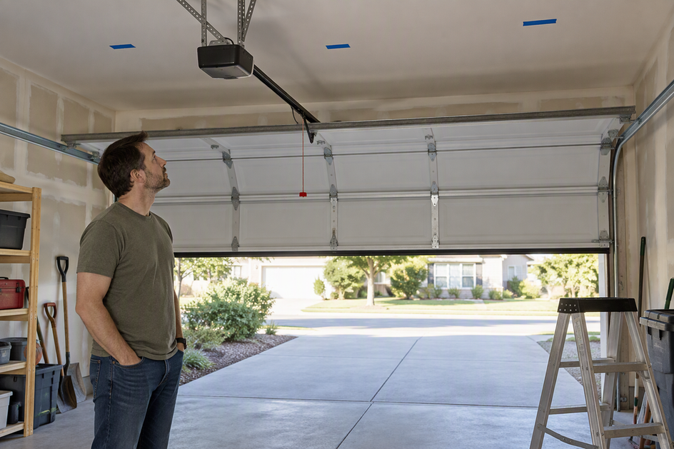 A homeowner watches a partly open sectional garage door from beside its path while painter’s tape marks possible ceiling light zones.