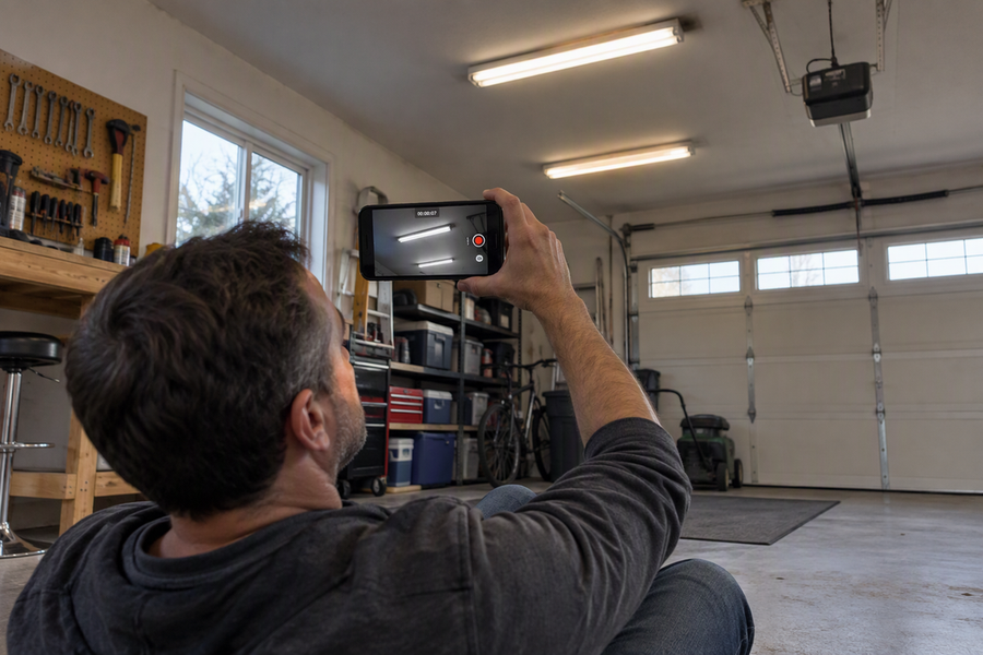 A homeowner standing safely on the garage floor makes a note on a phone after noticing a ceiling LED light flicker; the closed fixtures remain untouched.