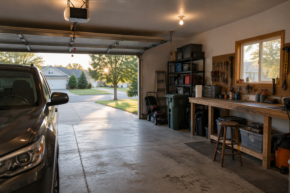 Daylight enters an open garage door, creating a bright patch beside a shaded workbench while ceiling lights illuminate the rest of the space.