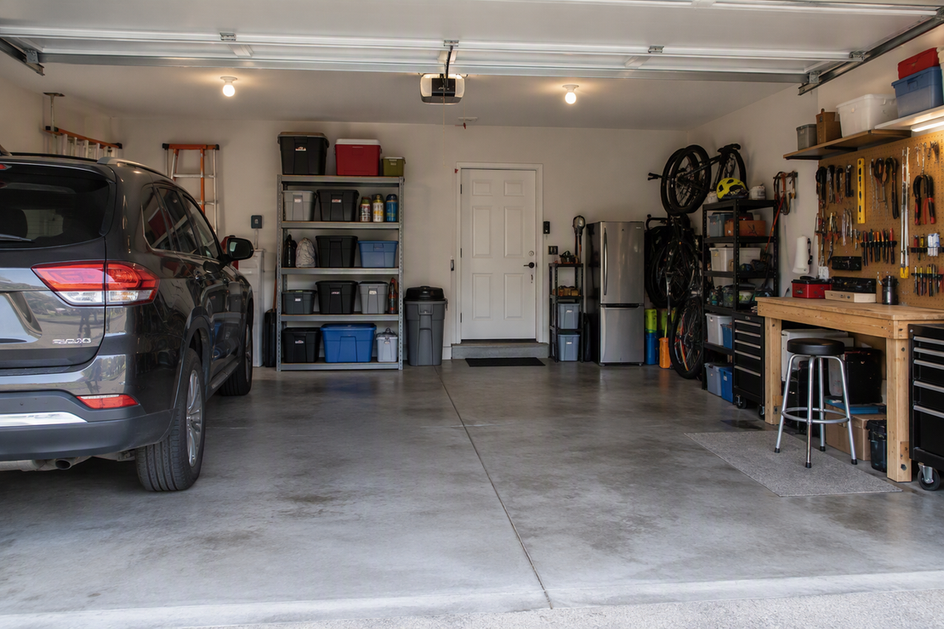 A practical home garage with ceiling lighting over the parking area, storage shelves, and a workbench
