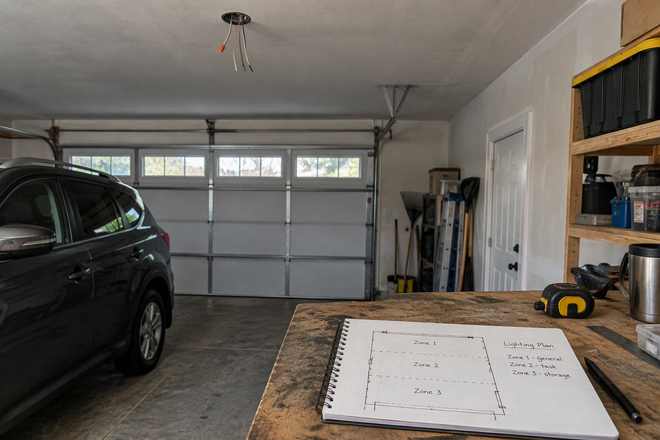 A garage with one ceiling junction box, a parked car, a workbench, and a paper sketch marking lighting zones.