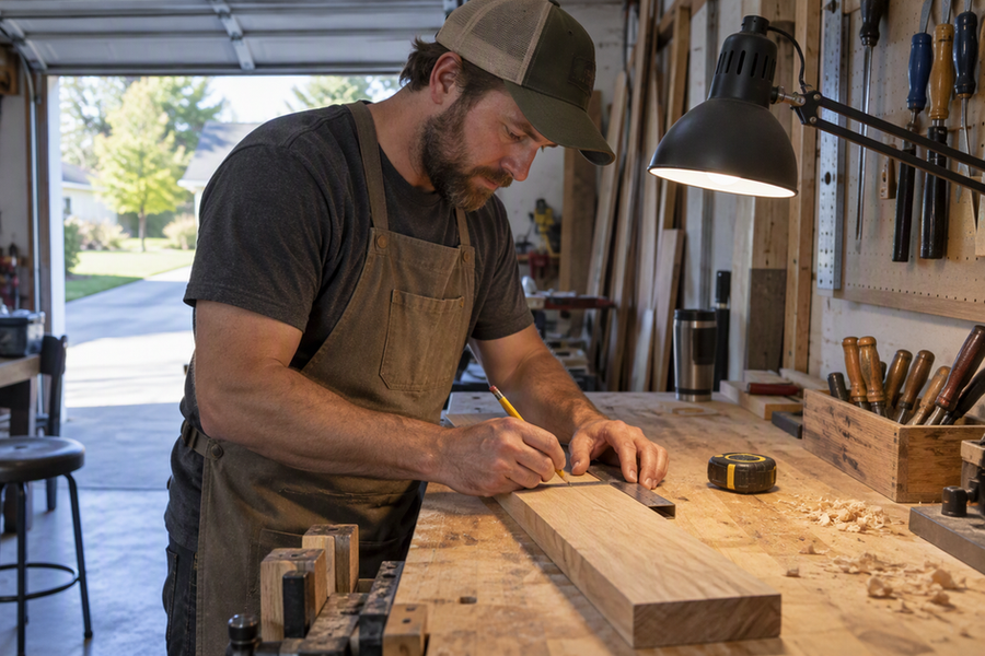 A person marks a board at a garage workbench while daylight enters through the open door and a task light illuminates the work surface.