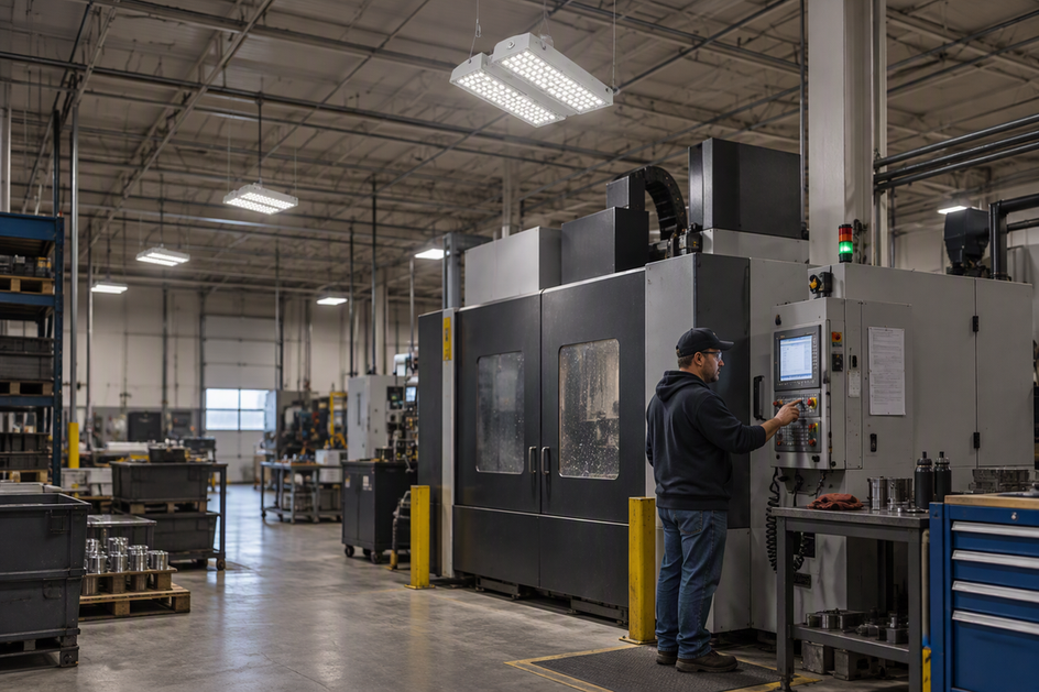 Wide industrial bay with a linear high-bay fixture high above a tall machine and an operator at a side control panel; the machine partly obstructs light reaching the work area.