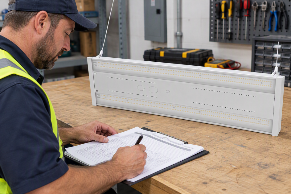 Linear LED high-bay fixtures illuminate an industrial warehouse aisle.