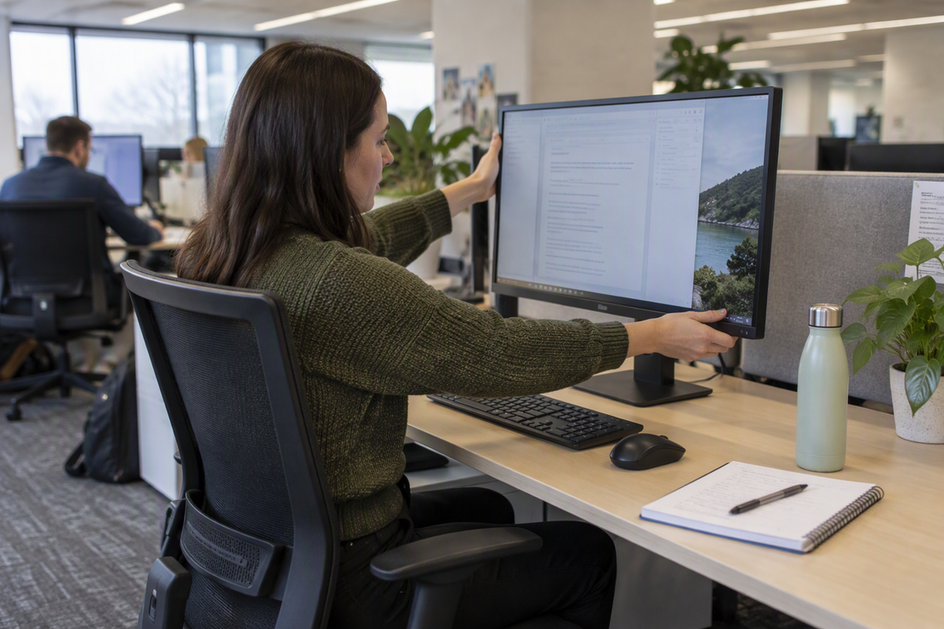 A worker angles a monitor at a shared hot desk beneath ordinary office lighting, illustrating how screen positions can change between users.