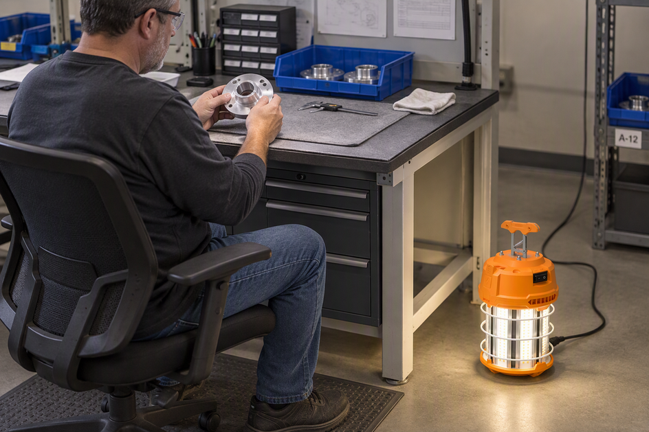 An inspector checks a part at a workbench while a portable orange LED work light sits on the floor beside the station, showing the working view and one candidate supplemental-light position.