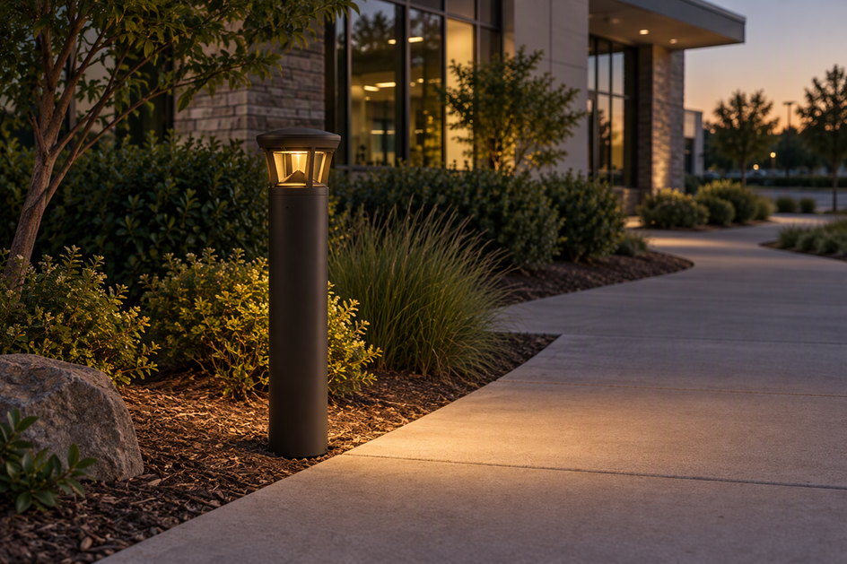 A dark bronze BLA Series bollard casts amber light along the edge of a commercial pedestrian path at dusk.