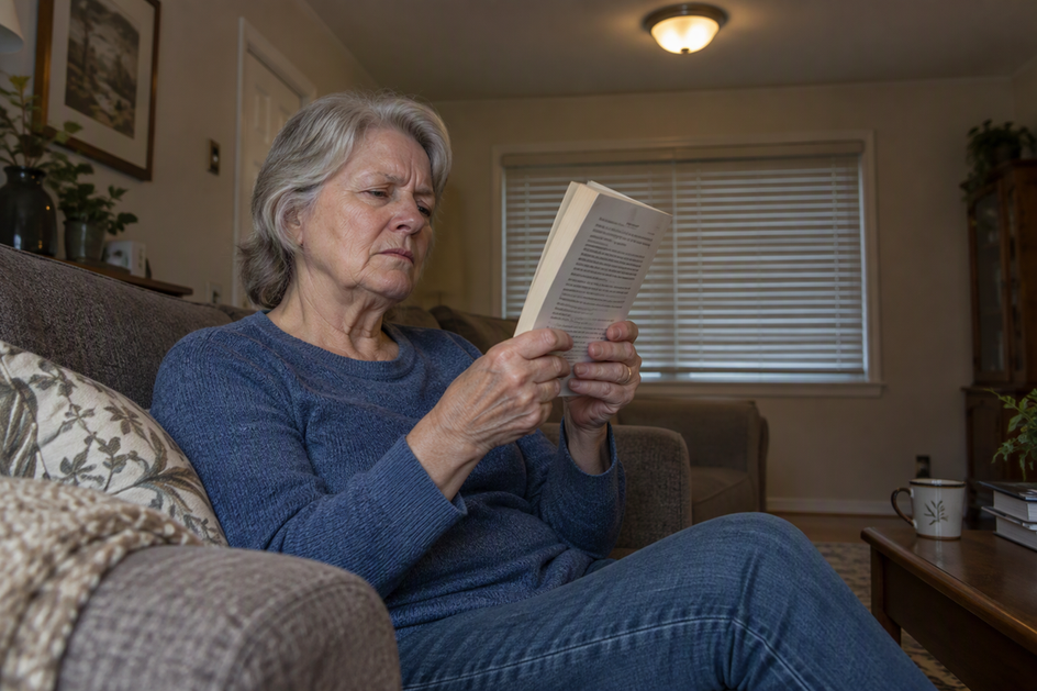 A person seated on a sofa tilts a paperback to read under the room’s existing ceiling light in the evening.